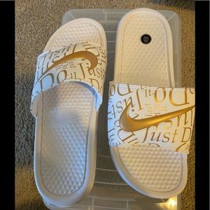 Nike White & Gold Just Do It Slides, NWOT, Size 9